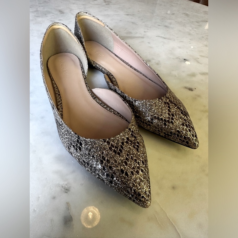 J. Crew Audrey D’orsay Snakeprint Glitter Flats size 8